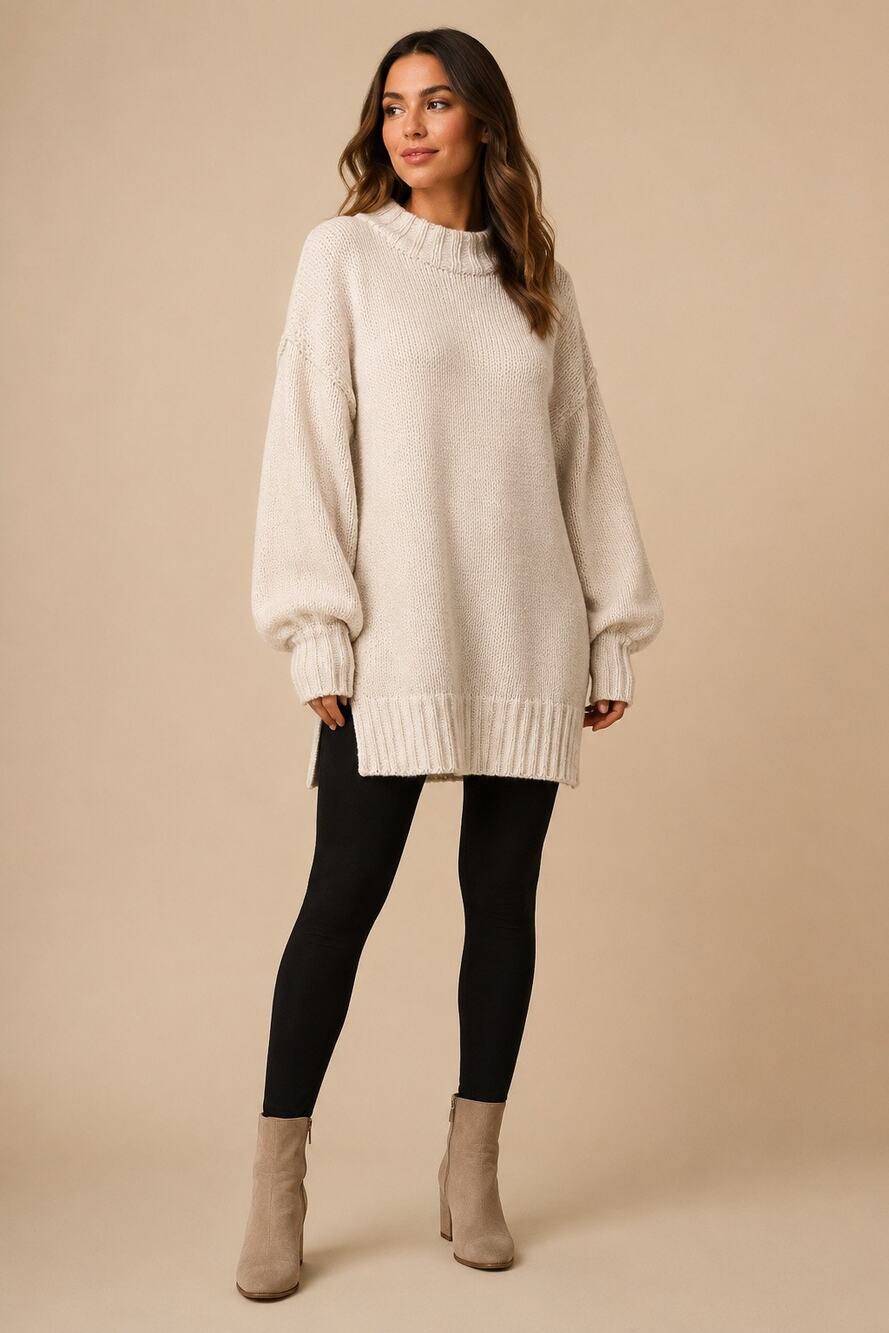 EMODA Women’s Oversized Cream Chenille Sweater One Size Balloon Sleeve Mock Neck
